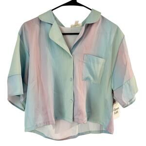NWD Open Edit Rainbow Satin Short Sleeve Button Front Cropped PJ Top Size XS